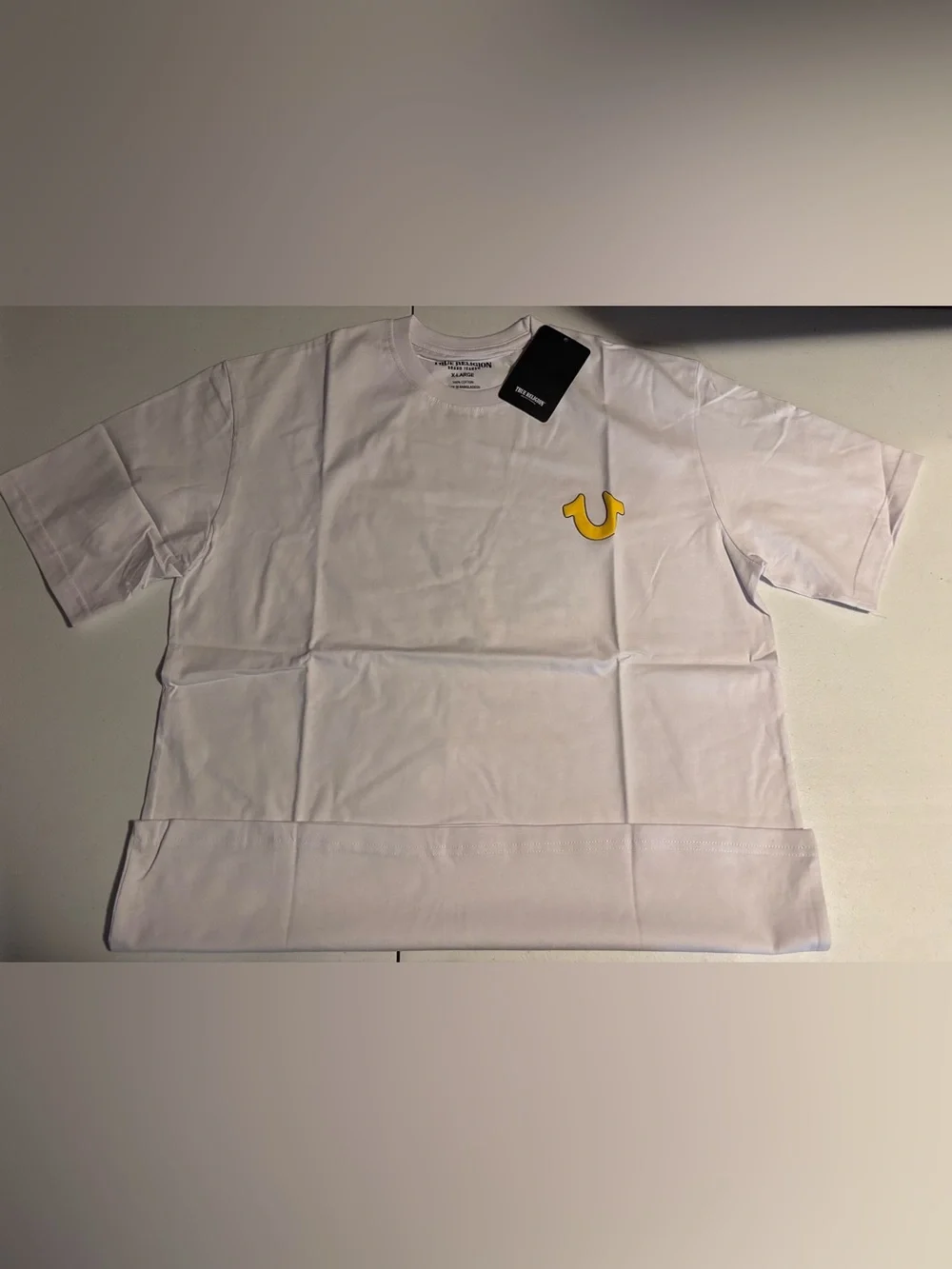 True Religion White Tee with Yellow Logo and Graphic Back